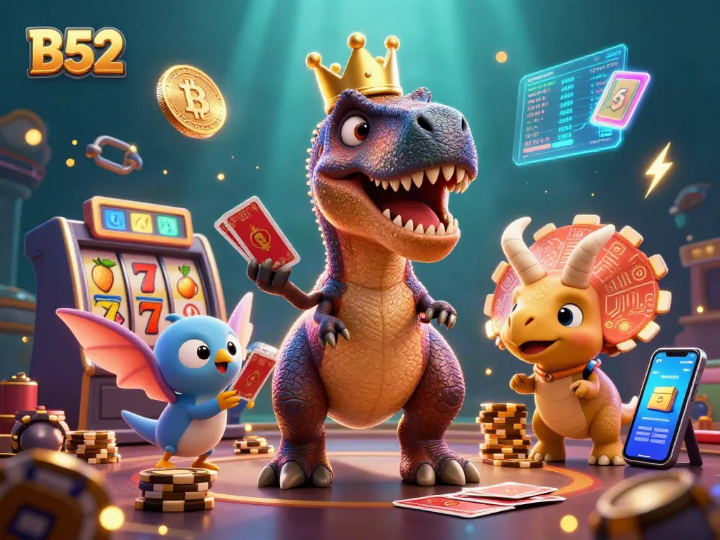 Play B52 slots with an interactive scene featuring colorful characters and casino elements.