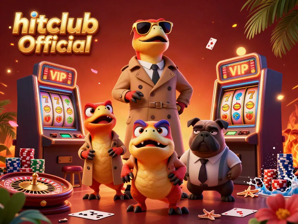 Raptors attempting to enter a VIP casino with Hitclub Official branding, surrounded by vibrant gaming elements.