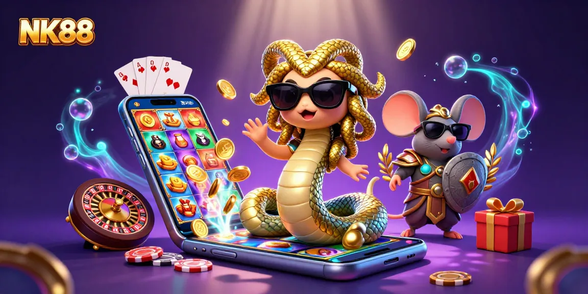 Win big with NK88 in this vibrant 3D gambling scene showcasing a Medusa character, gold coins, and slot games.