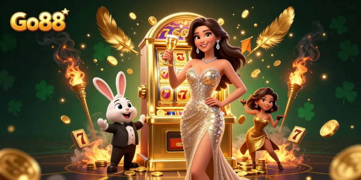 Experience thrilling wins at Go88 with a stylish woman celebrating beside a golden jackpot slot machine.