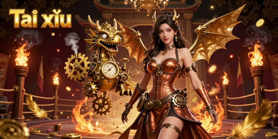 Experience Tài xỉu excitement amid a captivating 3D steampunk realm filled with golden betting tokens.