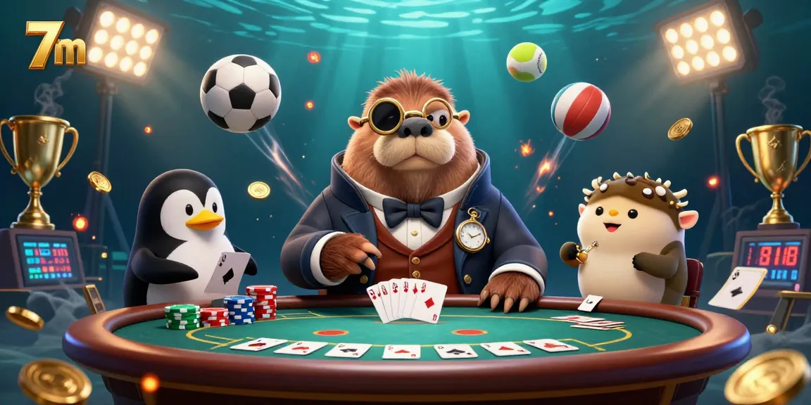 Join the engaging poker game with 7m's charming walrus, penguin dealer, and pufferfish bluffing.