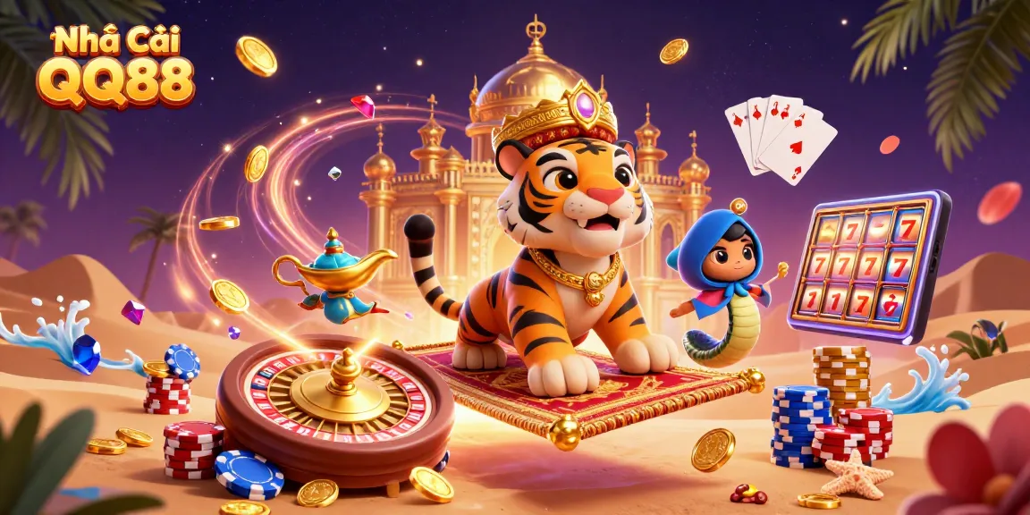 Experience fun at Nhà Cái QQ88 with colorful casino games and vibrant slots in this 3D illustration.