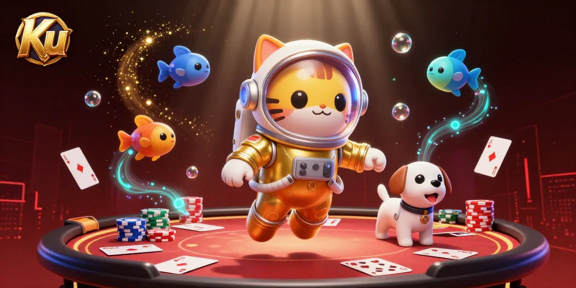 Engage with Ku's adventurous gaming realm featuring a cat astronaut, robot dog, and poker elements.