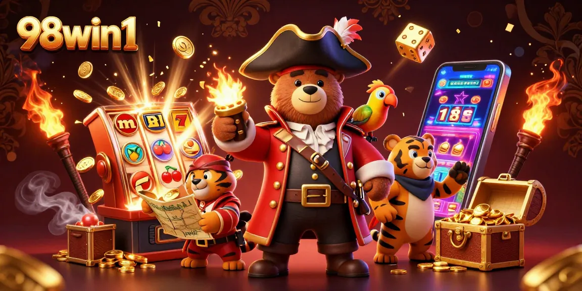 Spin and win big at 98win1's vibrant casino scene with a funky pirate bear and treasure elements.