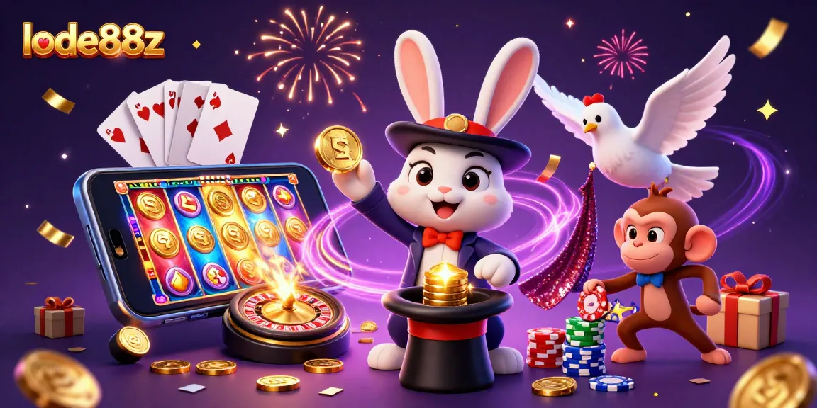 Join the excitement with lode88z as a magician rabbit reveals golden coins and poker chips!
