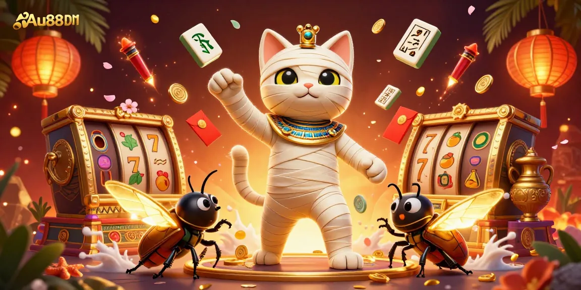 Spin the reels and win at Au88 DM, featuring an Egyptian mummy cat and glowing scarab in vibrant 3D casino.