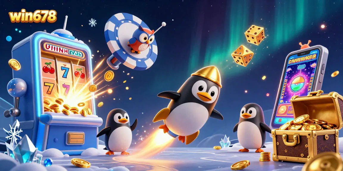 Experience thrilling adventures at win678 with an explosive jackpot slot machine and penguin in space.