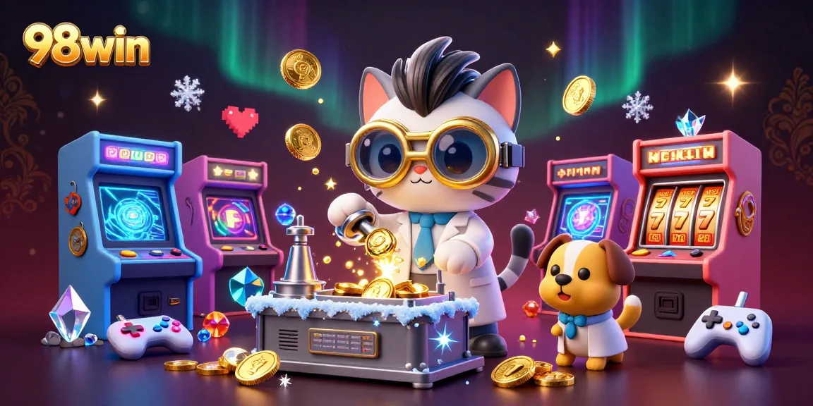 Experience thrilling 98win action in a vibrant casino-themed illustration with golden wealth.
