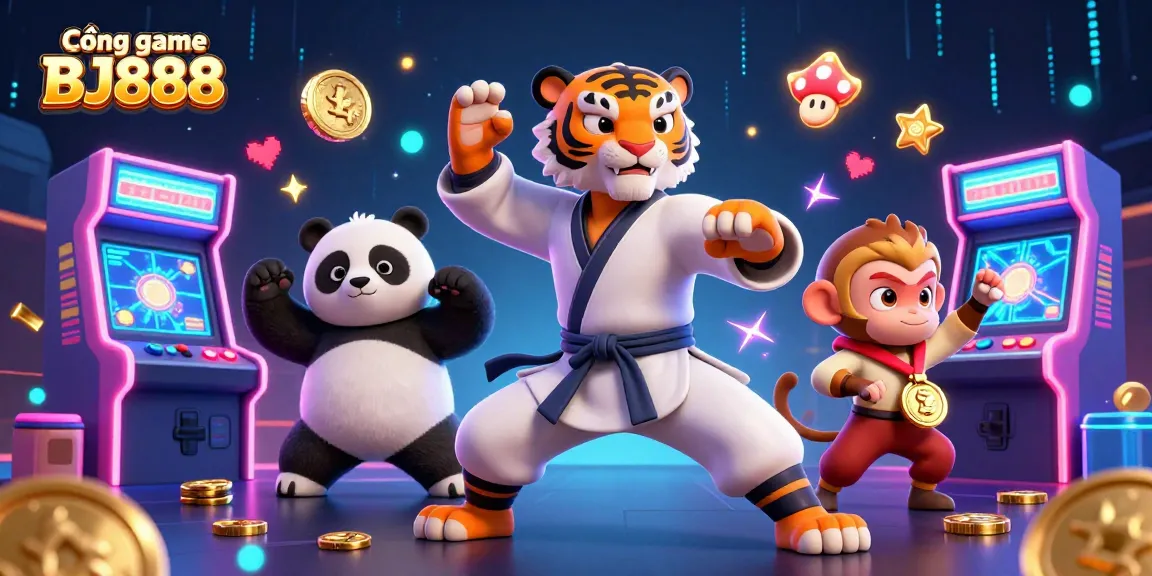 Cổng game BJ888 showcases a vibrant 3D scene of gaming fun with animated characters and arcade elements.
