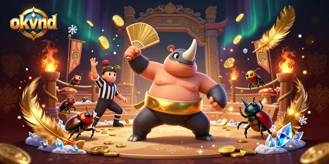Experience thrilling action as the okvnd beetle champion stomps and sends coins flying in this vibrant casino scene.