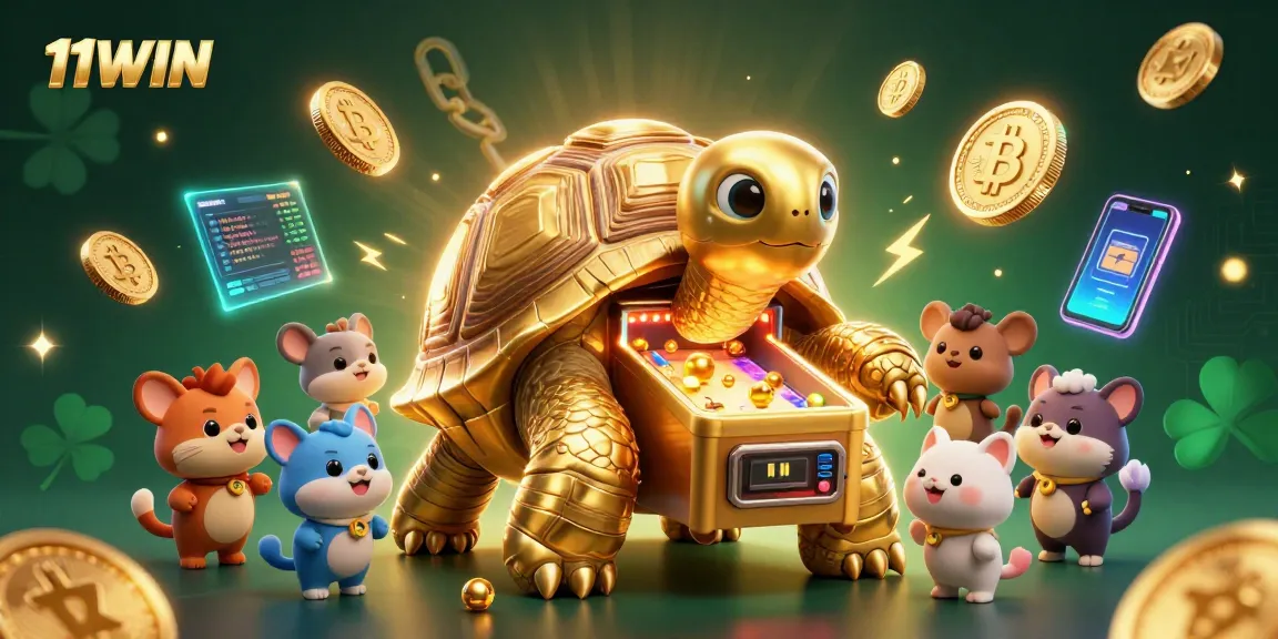 Experience the excitement of 11WIN with a lively cartoon scene featuring a golden tortoise pinball machine.
