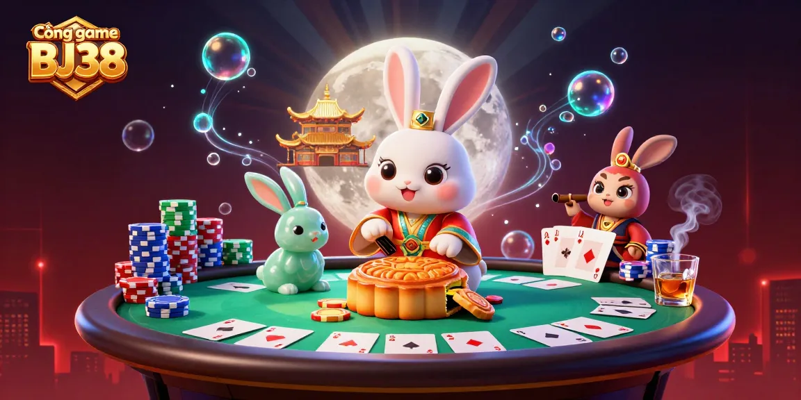 Cổng game BJ38 showcases an exciting scene of a moon rabbit interacting with poker elements, inviting players to join the thrill.