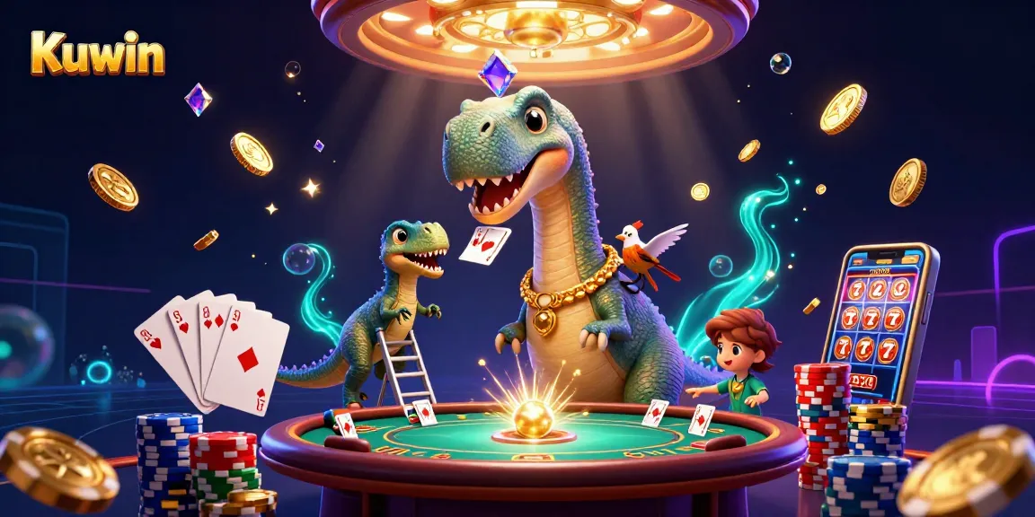 Kuwin creates an engaging casino scene featuring a brontosaurus and raptor amidst exciting gaming elements.