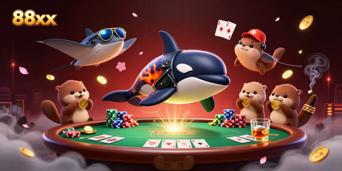 Engage in thrilling card gameplay with 88xx as the vibrant orca and sea otters celebrate wins