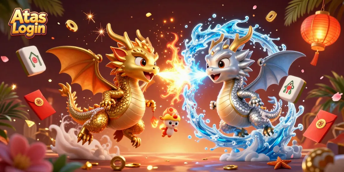 Engage in the exciting Atas Login experience with twin dragons clashing fire and ice amid vibrant casino symbols.