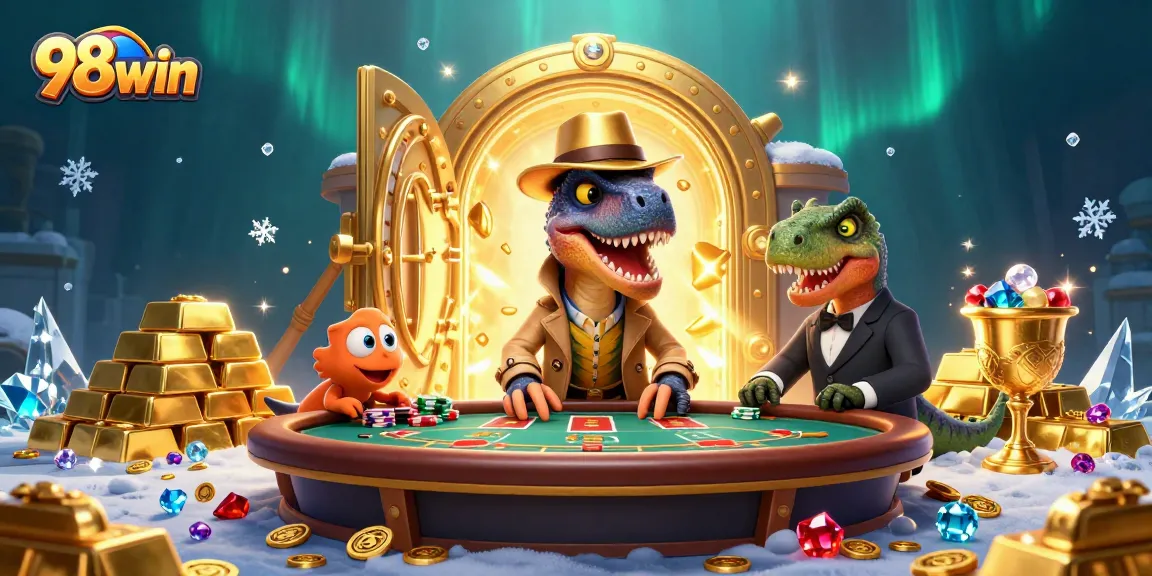 Experience 98win's thrilling casino atmosphere with cartoon characters at a blackjack table.