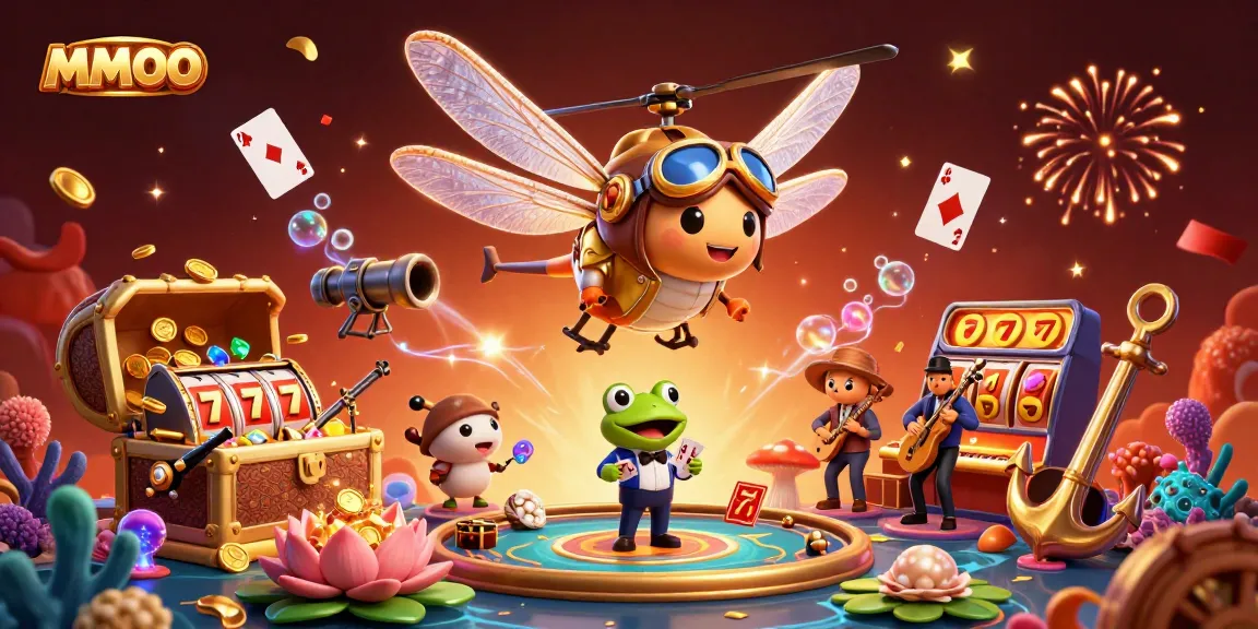 Engage in thrilling gameplay at MMOO's vibrant lily pad casino with festive characters and rich treasure.