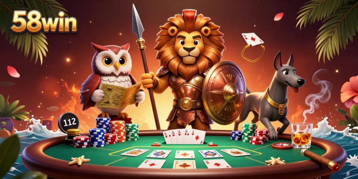 Engage with 58win as a 3D Spartan lion leads a vibrant poker game filled with colorful chips and cards.