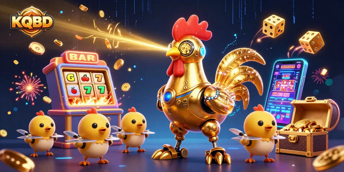 KQBD transforms slot gaming with a futuristic golden rooster robot and vibrant casino elements.