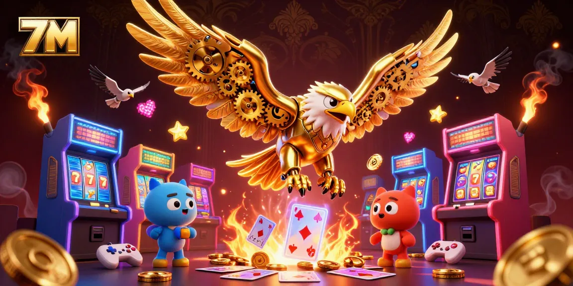 Experience the excitement of 7M as the golden eagle dives through holographic cards in a vibrant casino.