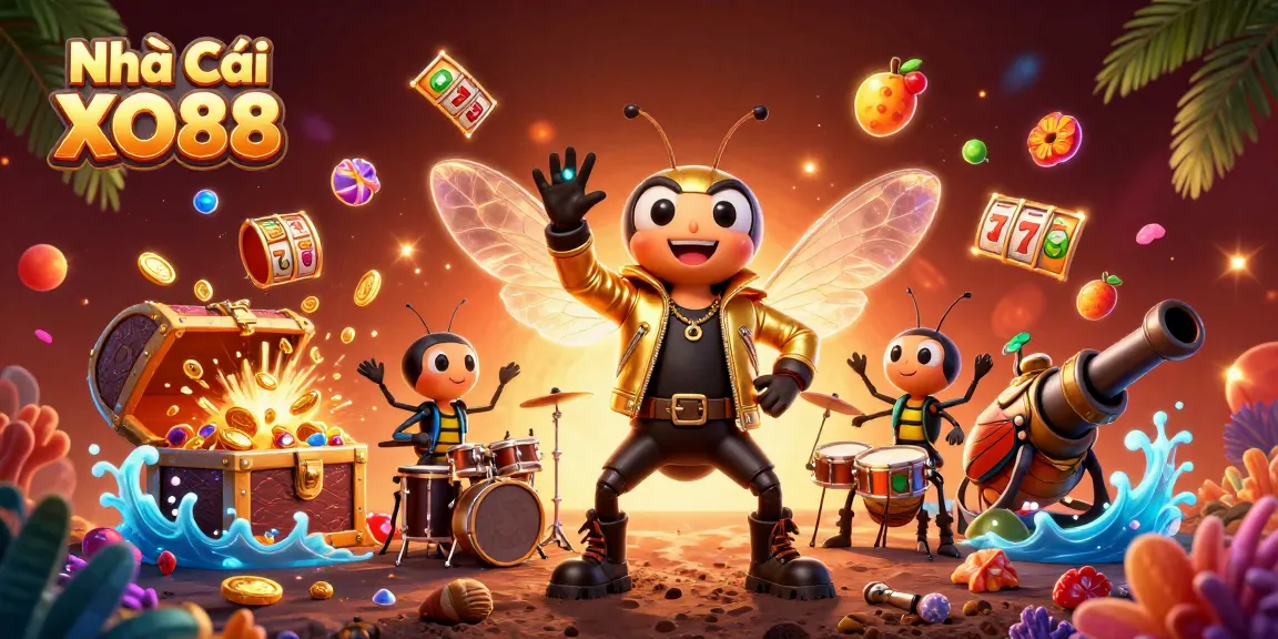 Experience excitement at Nhà Cái XO88 with vibrant slot reels and lively characters in a dynamic casino scene.