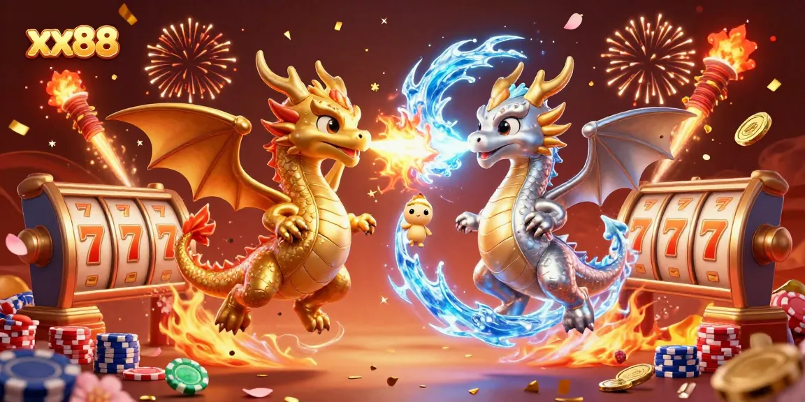 Experience thrilling gaming at xx88 with dynamic 3D dragons amidst colorful casino elements.