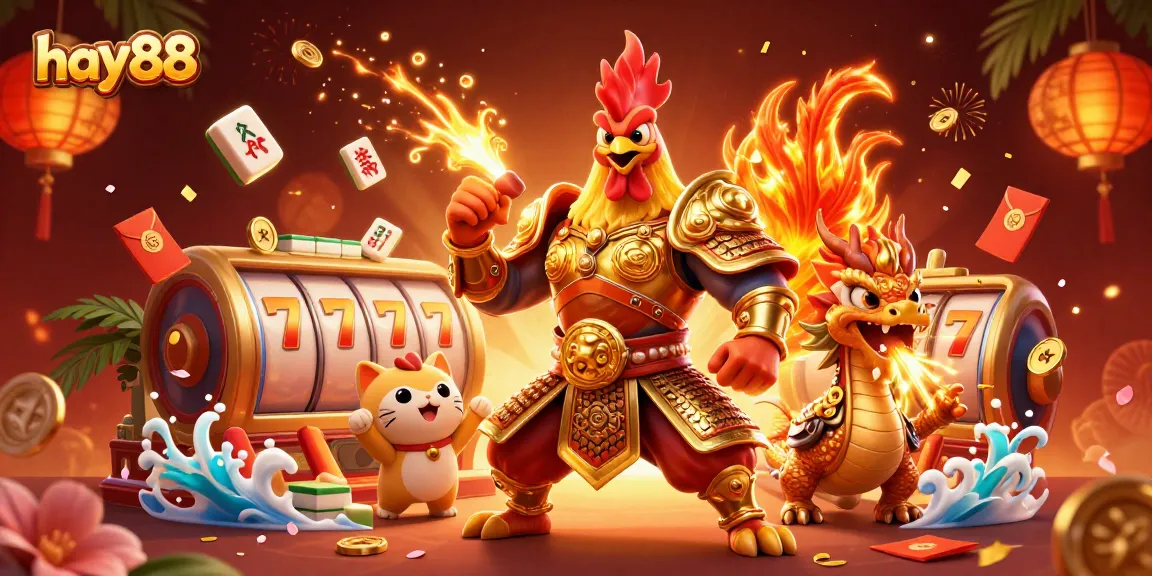 Experience the excitement of hay88 with a powerful rooster warrior and a dragon in a vibrant casino scene.