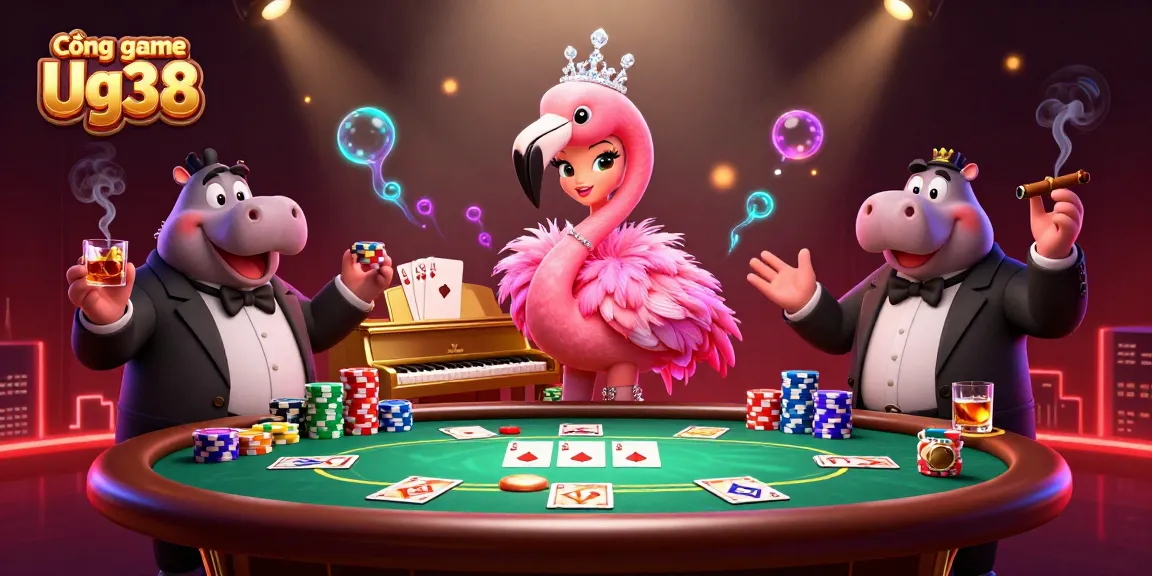 Cổng game Ug38 showcases a lively casino scene with a flamingo singer and hippo bassist captivating players.