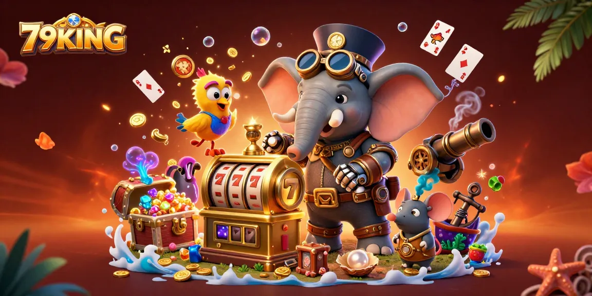 Experience the excitement of 79KING's colorful casino world, featuring steampunk elements, slots, and treasures.