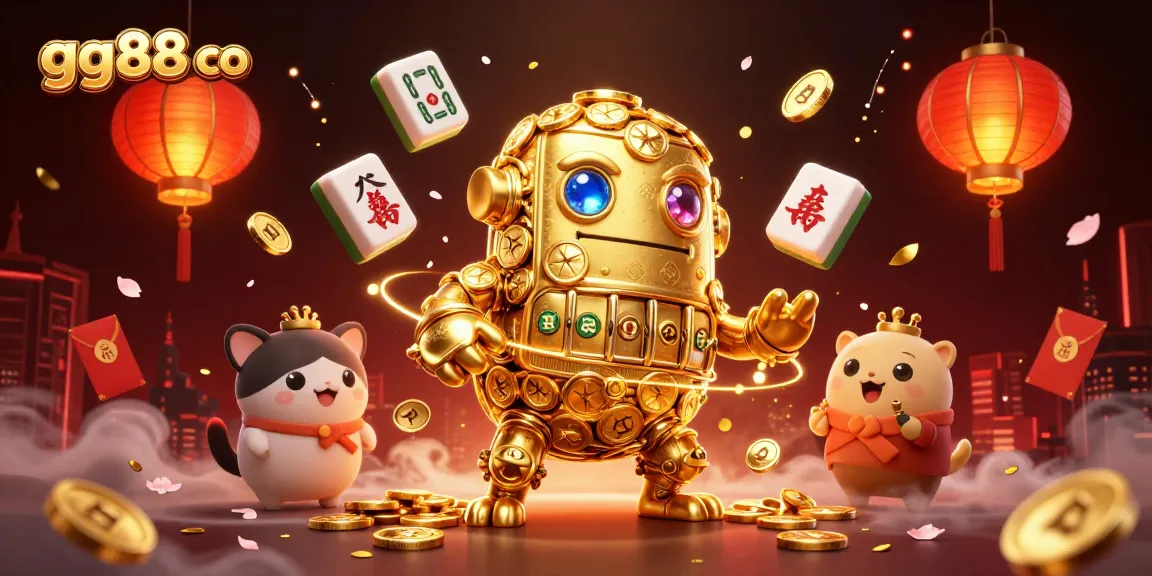 Engage in the vibrant gaming world of gg88 co featuring a golden golem amidst dynamic casino elements and festive decorations.