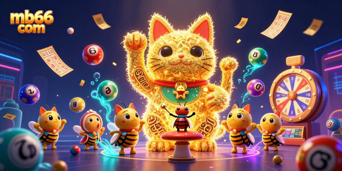 Experience exciting gameplay at mb66 com, featuring vibrant casino elements with a dynamic lucky cat and golden fireflies.