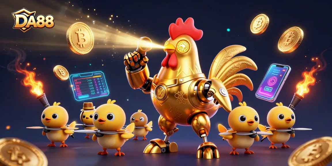 Engage in thrilling gameplay with DA88, featuring a golden rooster robot and crypto coin elements.
