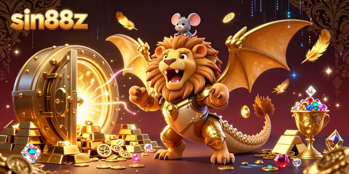 Experience the thrill of sin88z with a triumphant chimera and shimmering gold treasures.