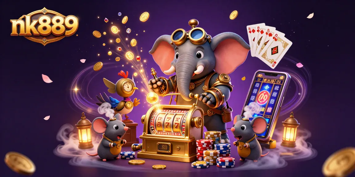 Spin exciting slots with nk889 alongside a steampunk elephant engineer in a magical casino world.
