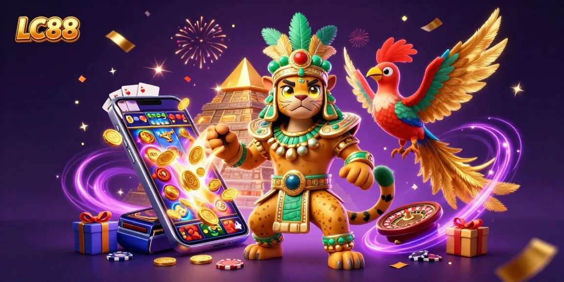 Experience thrilling gaming action at LC88 with vibrant 3D digital illustration showcasing dynamic casino elements.