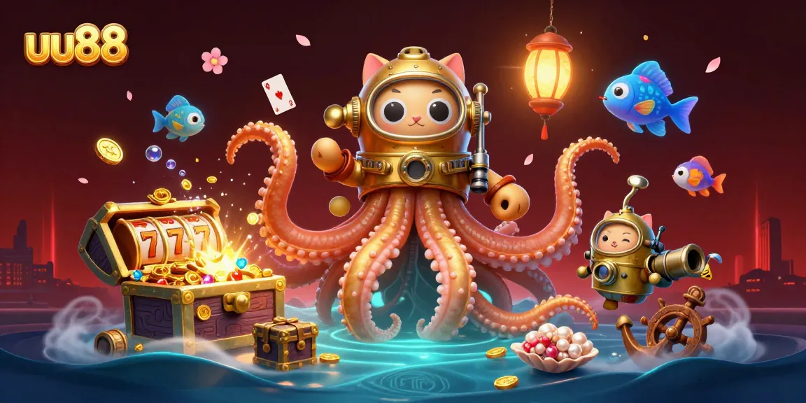 Engage with uu88's thrilling casino action featuring a kraken and vintage diving cat in this vibrant 3D illustration.