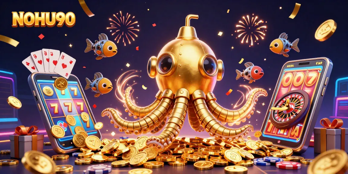 Engage with NOHU90's thrilling slots amidst golden coins and mechanical sea creatures.