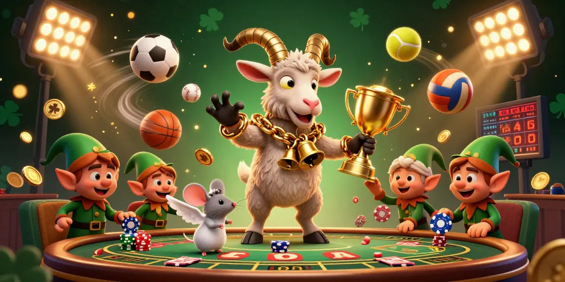Experience excitement at 123b Casino with Krampus and mischievous gremlins amid flying sports elements.