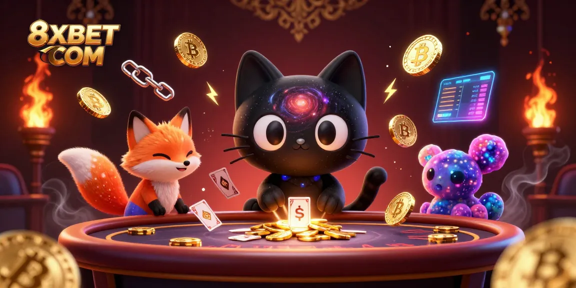 Engage in thrilling gameplay with 8XBET COM, featuring a cosmic casino scene filled with animated characters and vibrant gaming elements.