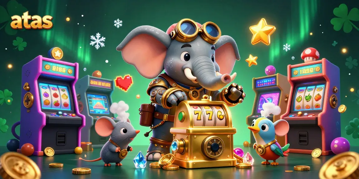 Engage in thrilling gameplay at atas casino with a delightful steampunk-themed illustration featuring a mechanical elephant, vibrant arcade machines, and cascading coins.