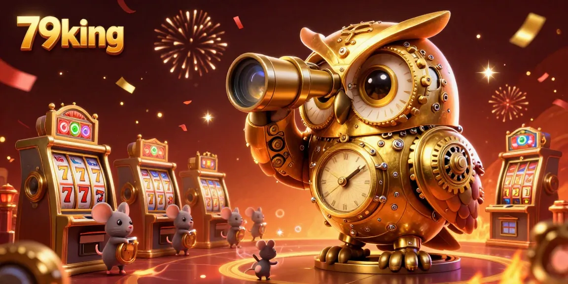 Spin to win with 79king's vibrant casino scene, featuring slot games and golden owl charm.