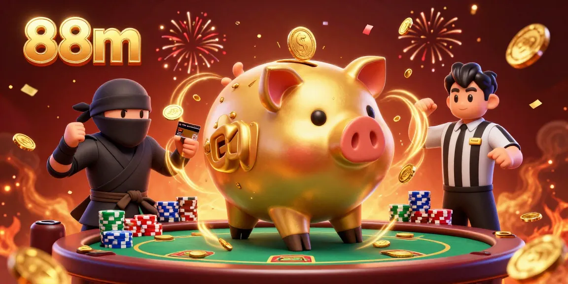 Engage in thrilling 88m casino action with golden characters and poker elements in a dynamic 3D illustration.