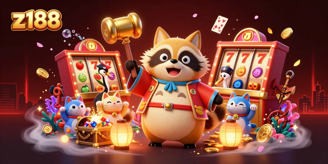 The z188 experience features a cheerful tanuki, bright slot reels, and joyous maneki-neko cats in a vibrant casino scene.