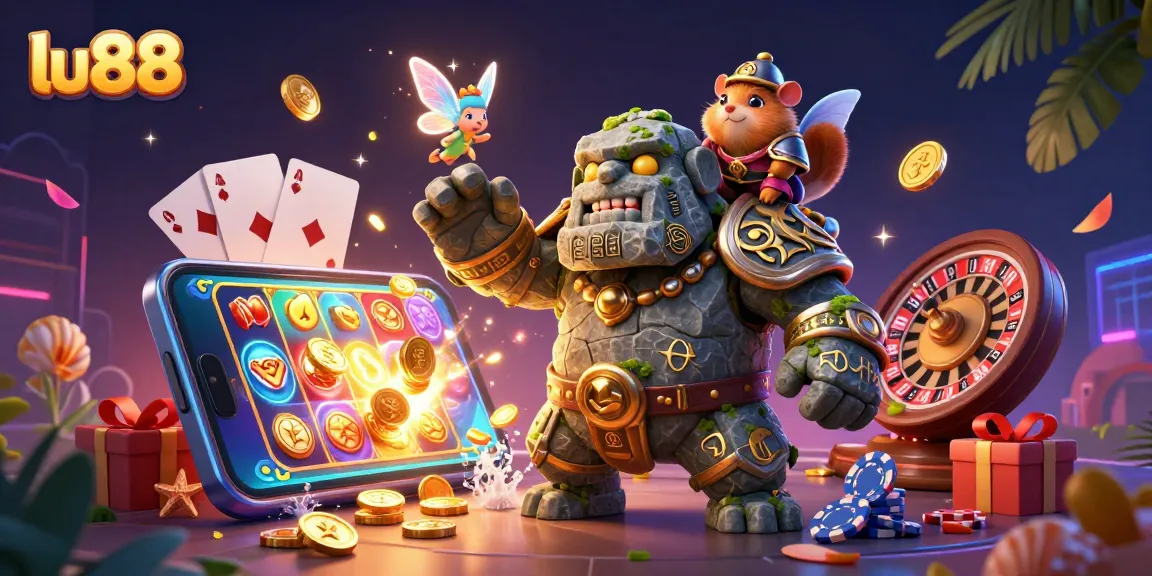 Engage in thrilling gaming at LU88 with golden golem guardian and rich casino action.