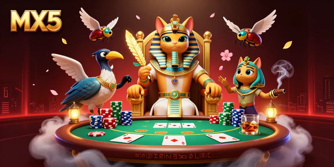 Engage with MX5's thrilling casino experience featuring a pharaoh cat and vibrant gaming elements.
