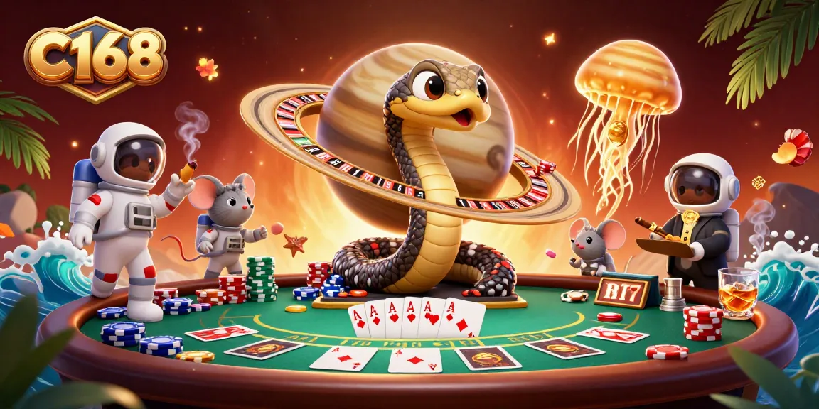 Experience C168's thrilling cosmic casino with colorful chips and gaming excitement.