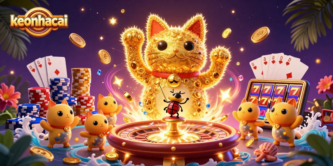 Engage with keonhacai's festive atmosphere featuring a lucky cat created by golden fireflies amid casino symbols.