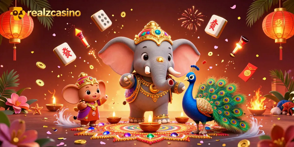 Spielen Sie um Echtgeld bei realzcasino und erleben Sie die Vielfalt der Spiele mit bunten Symbolen und festlichen Elementen.
