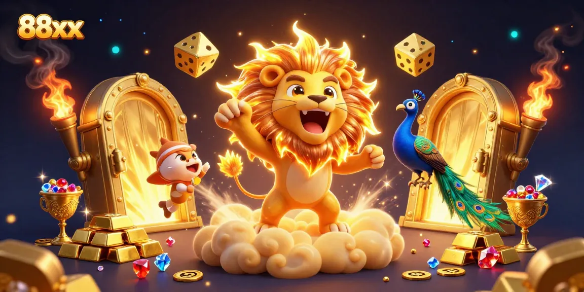 Experience the thrilling world of 88xx with a vibrant casino illustration featuring dazzling treasures and characters.